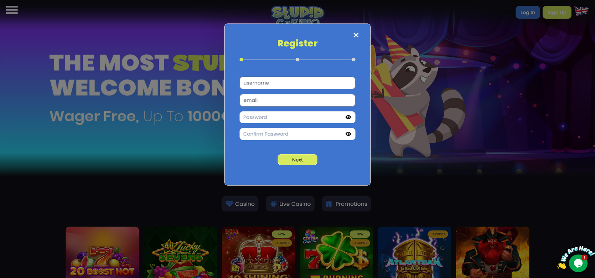 Stupid Casino register popup